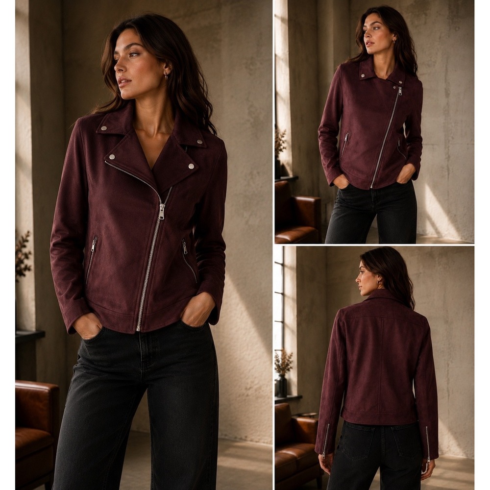 Loft Womens Faux Suede Moto Jacket Burgundy Plum Asymmetrical Zip‎ Size Small